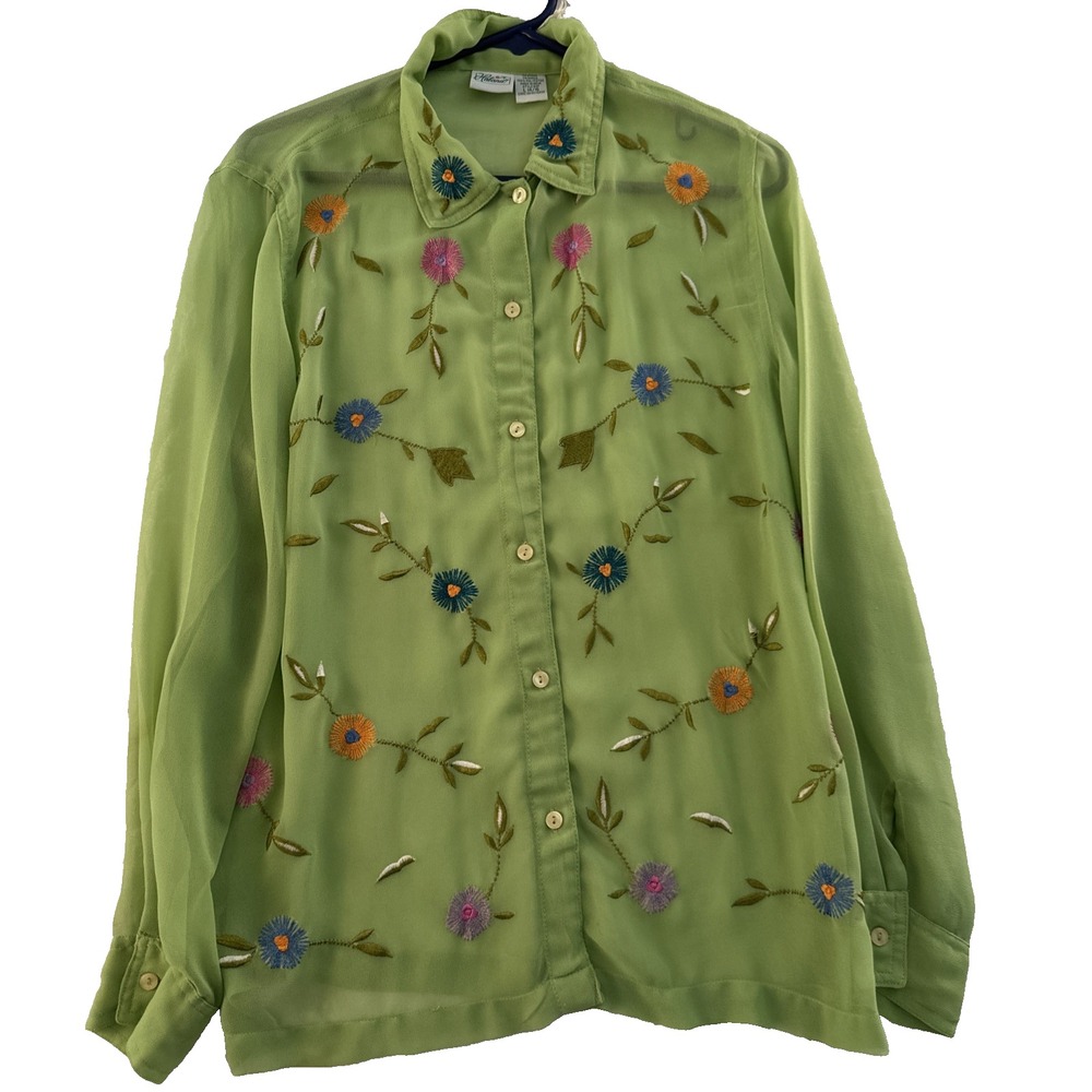 Haband Sheer Button Front Blouse L 14/16‎ Green Embroidered Floral Long Sleeve